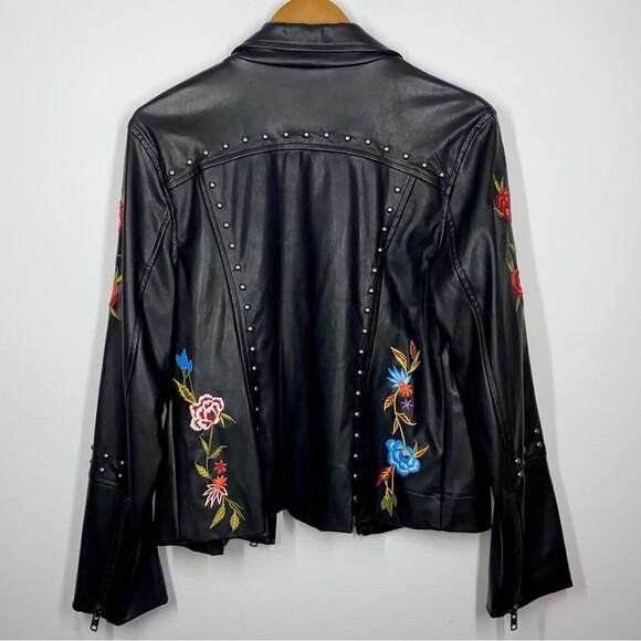 L SUGAR+LIPS Black Faux Leather Floral Embroidered Studded Moto Zipper Jacket - Picture 9 of 12